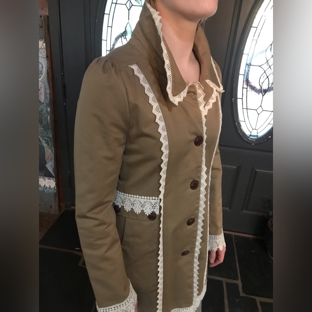 Olive Green Lace-Trim Women's Coat - Picture 3 of 4